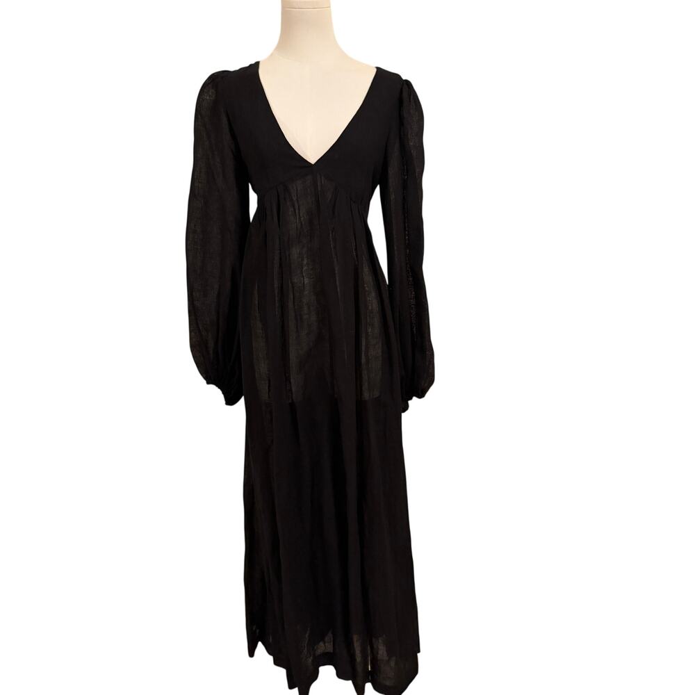 NWT Lisa Maria Fernandez Black Linen Belted Long Sleeve Semi-Sheer Dress -Sz  3